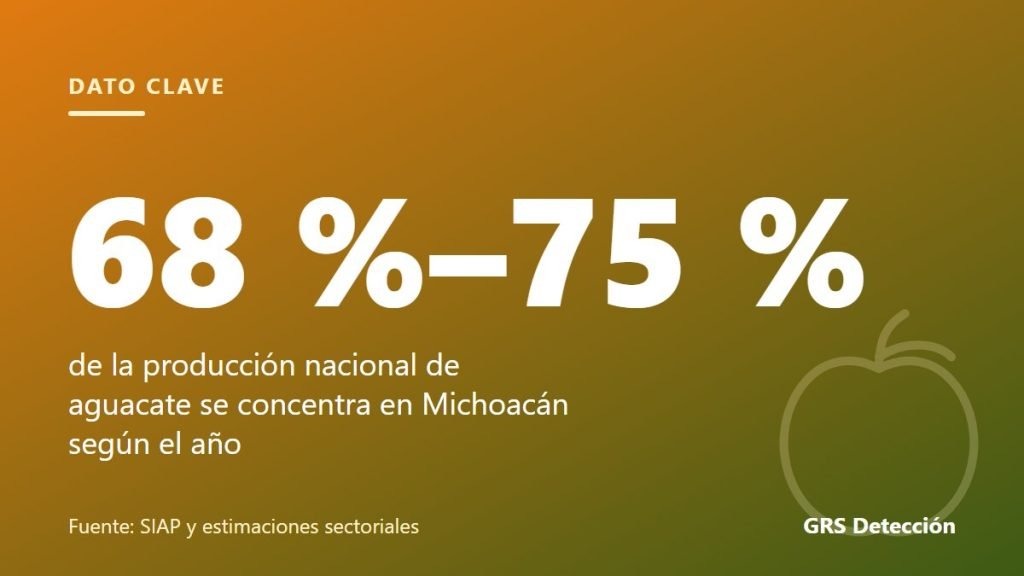 Dato clave: 68 %–75 % de la producción nacional de aguacate se concentra en Michoacán según el año (Fuente: SIAP y estimaciones sectoriales)