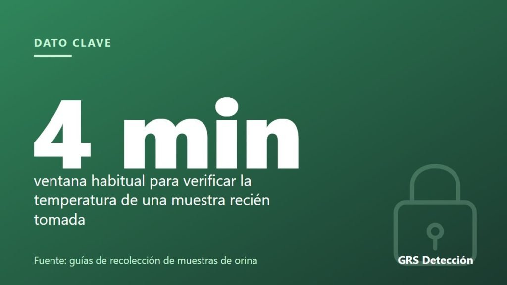 Dato clave: 4 min ventana habitual para verificar la temperatura de una muestra recién tomada (Fuente: guías de recolección de muestras de orina)