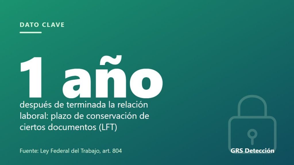 Dato clave: 1 año después de terminada la relación laboral: plazo de conservación de ciertos documentos (LFT) (Fuente: Ley Federal del Trabajo, art. 804)