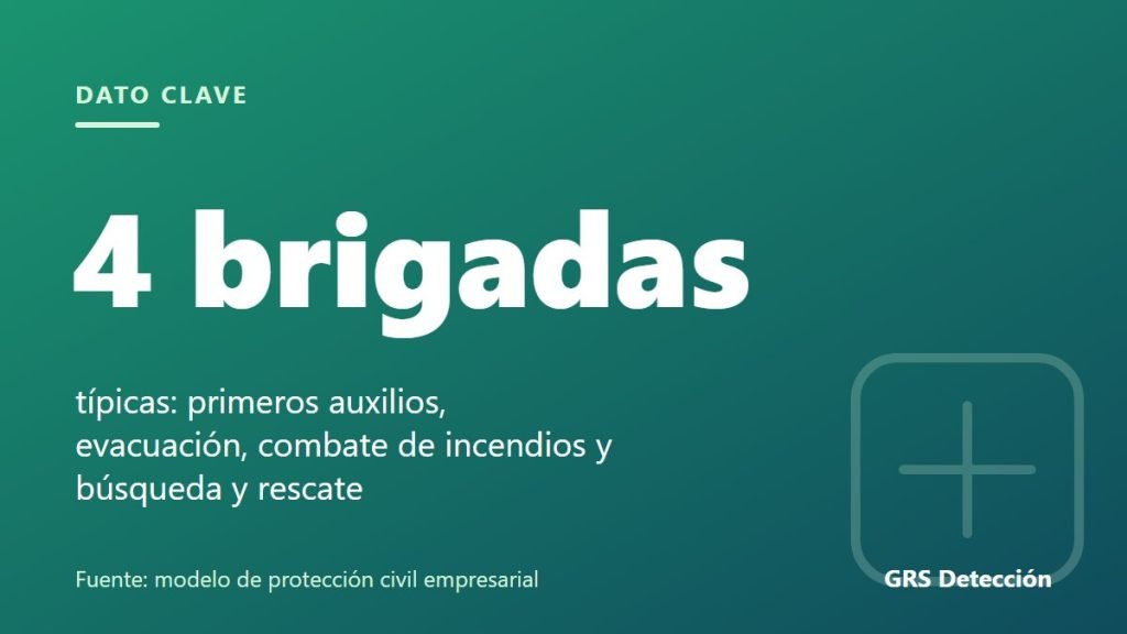 Dato clave: 4 brigadas típicas: primeros auxilios, evacuación, combate de incendios y búsqueda y rescate (Fuente: modelo de protección civil empresarial)